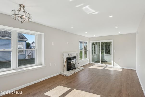 Empty room, Fireplace, Interior, Recessed Lighting, Wood Texture Flooring