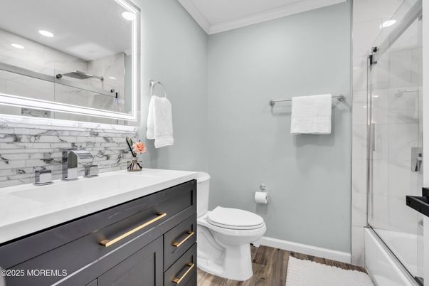 Bathroom, Glass Shower, Interior, Recessed Lighting, Wood Texture Flooring
