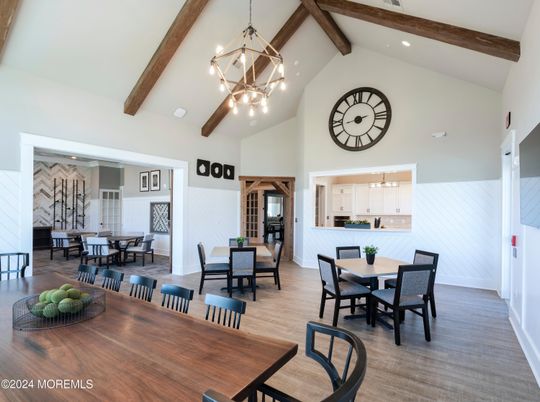 Dining room, Interior, Pendant Lights, Recessed Lighting, Wooden Beams, Wood Texture Flooring