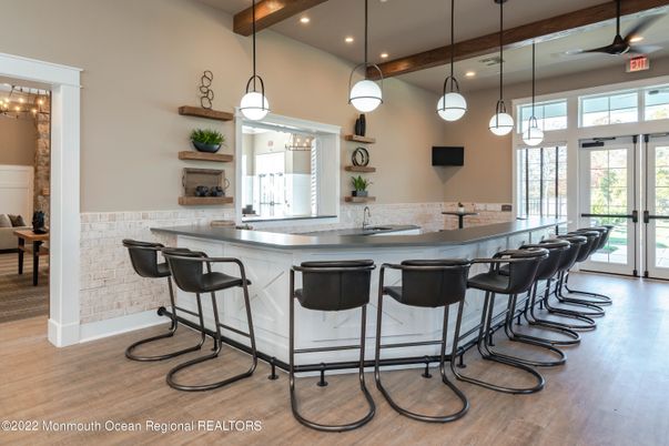 Fireplace, Interior, Pendant Lights, Recessed Lighting, Wooden Beams, Wood Texture Flooring