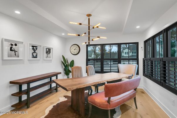 Dining room, Interior, Pendant Lights, Recessed Lighting, Wood Texture Flooring