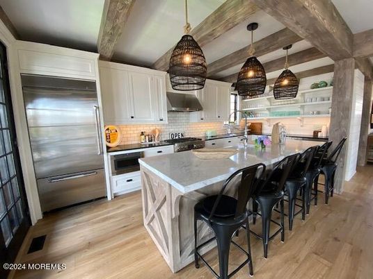 Interior, Kitchen, Pendant Lights, Stainless Steel Appliances, Wooden Beams, Wood Texture Flooring
