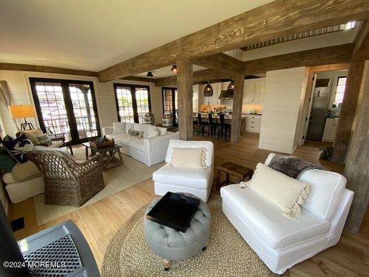 Dining room, Interior, Kitchen, Living room, Pendant Lights, Wooden Beams, Wood Texture Flooring