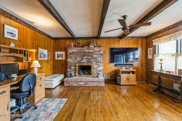 Fireplace, Home Office, Interior, Stone Walls, Wooden Beams, Wood Texture Flooring, Wooden Walls