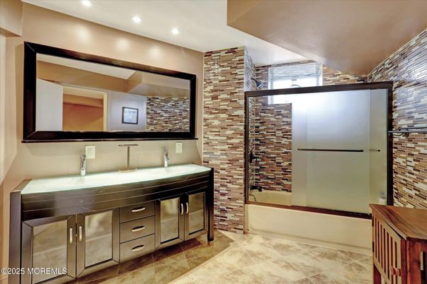 Bathroom, Dual Sink Vanities, Interior, Recessed Lighting, Stone Walls