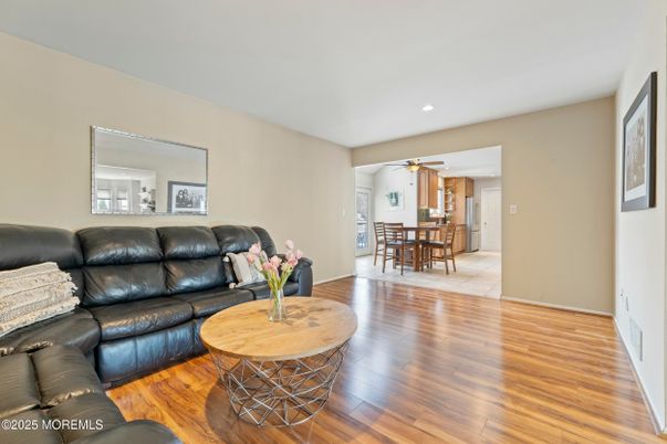 Dining room, Interior, Living room, Recessed Lighting, Wood Texture Flooring