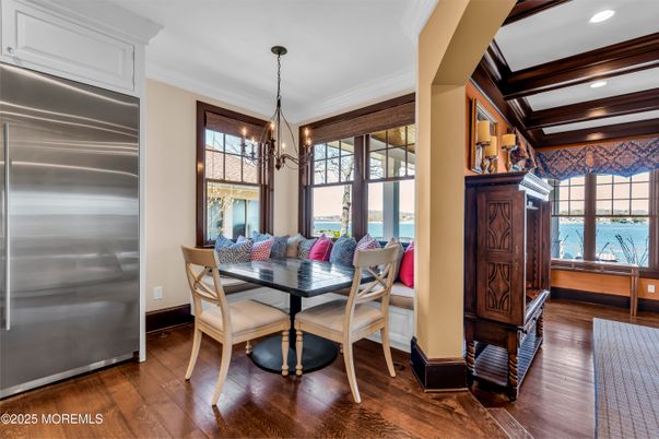 Dining room, Interior, Pendant Lights, Recessed Lighting, Water, Wood Texture Flooring