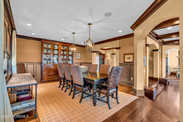 Dining room, Interior, Pendant Lights, Recessed Lighting, Wood Texture Flooring