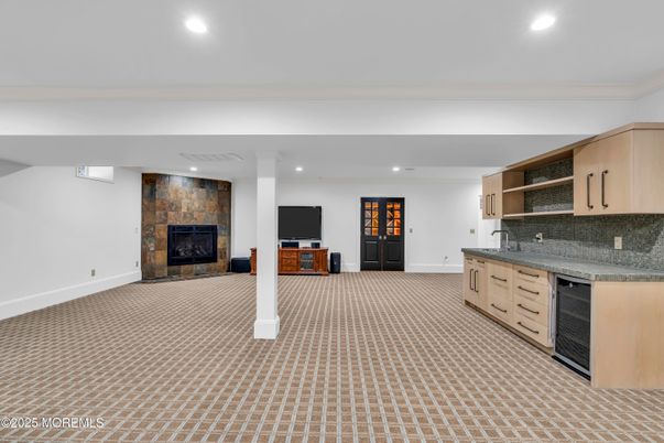 Fireplace, Interior, Recessed Lighting, Stone Walls