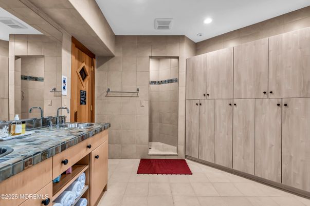Bathroom, Dual Sink Vanities, Interior, Recessed Lighting, Tile Countertops