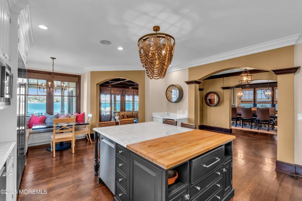 Chandelier, Dining room, Interior, Kitchen, Recessed Lighting, Water, Wood Texture Flooring