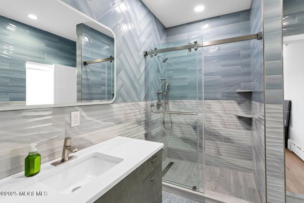 Bathroom, Glass Shower, Interior, Recessed Lighting, Wood Texture Flooring