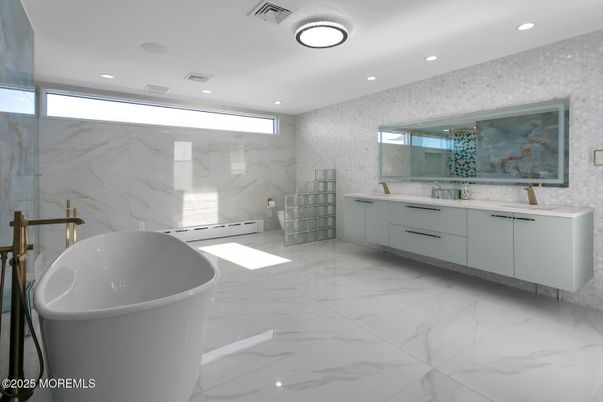 Bathroom, Dual Sink Vanities, Free Standing Baths, Glass Shower, Interior, Marble, Marble Walls, Recessed Lighting