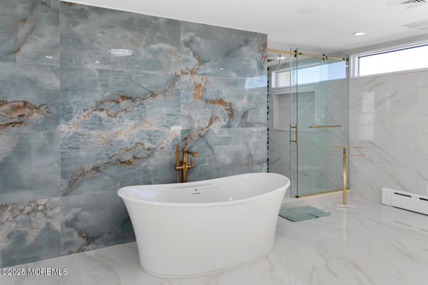 Bathroom, Free Standing Baths, Glass Shower, Interior, Marble, Marble Walls, Recessed Lighting