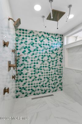 Bathroom, Glass Shower, Interior, Marble, Marble Walls, Recessed Lighting
