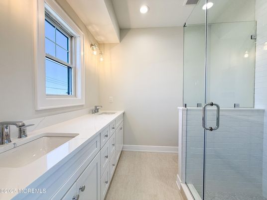 Bathroom, Dual Sink Vanities, Glass Shower, Interior, Recessed Lighting