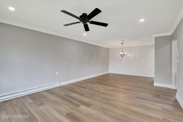 Empty room, Interior, Pendant Lights, Recessed Lighting, Wood Texture Flooring