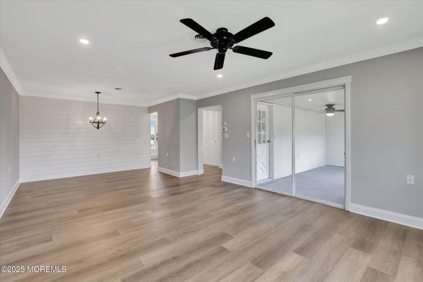 Chandelier, Empty room, Interior, Recessed Lighting, Wood Texture Flooring