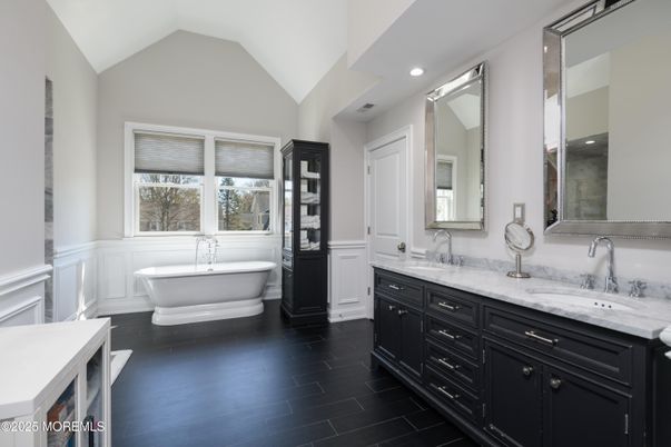 Bathroom, Dual Sink Vanities, Free Standing Baths, Interior, Recessed Lighting, Wood Texture Flooring