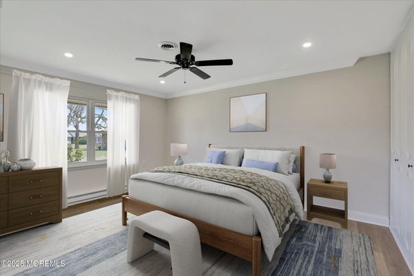 Bedroom, Interior, Recessed Lighting, Wood Texture Flooring