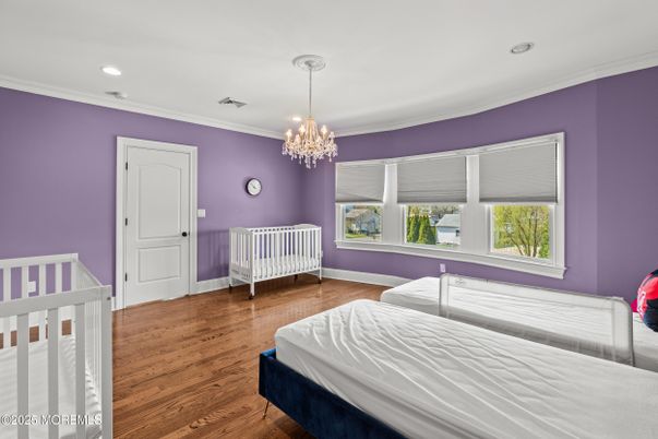 Bedroom, Chandelier, Interior, Recessed Lighting, Wood Texture Flooring