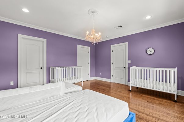 Bedroom, Chandelier, Interior, Recessed Lighting, Wood Texture Flooring