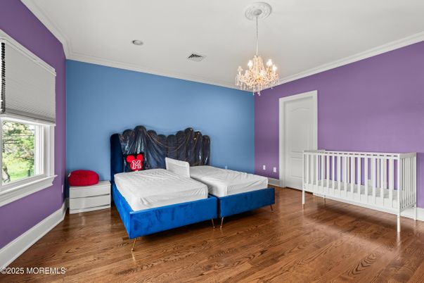 Bedroom, Chandelier, Interior, Wood Texture Flooring