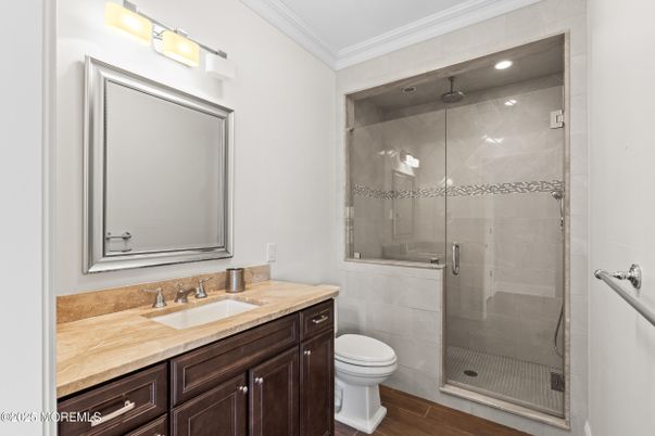 Bathroom, Glass Shower, Interior, Recessed Lighting, Wood Texture Flooring