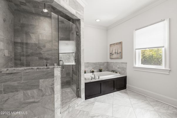 Bathroom, Glass Shower, Interior, Marble, Recessed Lighting