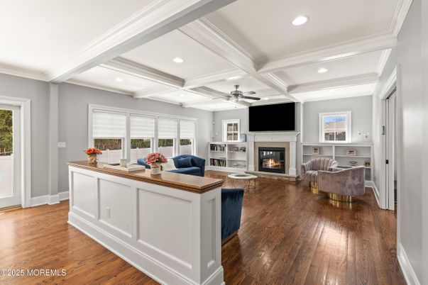 Fireplace, Interior, Living room, Recessed Lighting, Wood Texture Flooring