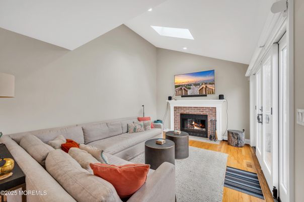 Fireplace, Interior, Living room, Recessed Lighting, Wood Texture Flooring