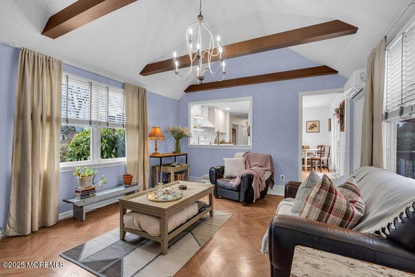 Interior, Living room, Pendant Lights, Wooden Beams, Wood Texture Flooring