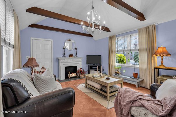 Fireplace, Interior, Living room, Pendant Lights, Wooden Beams, Wood Texture Flooring