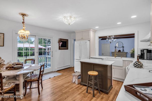 Chandelier, Dining room, Interior, Kitchen, Recessed Lighting, Wood Texture Flooring