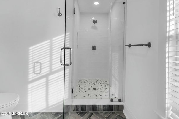 Bathroom, Glass Shower, Interior, Recessed Lighting, Wood Texture Flooring