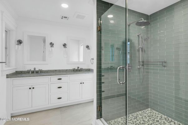Bathroom, Dual Sink Vanities, Glass Shower, Interior, Recessed Lighting