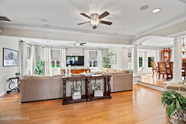 Dining room, Interior, Living room, Recessed Lighting, Wood Texture Flooring