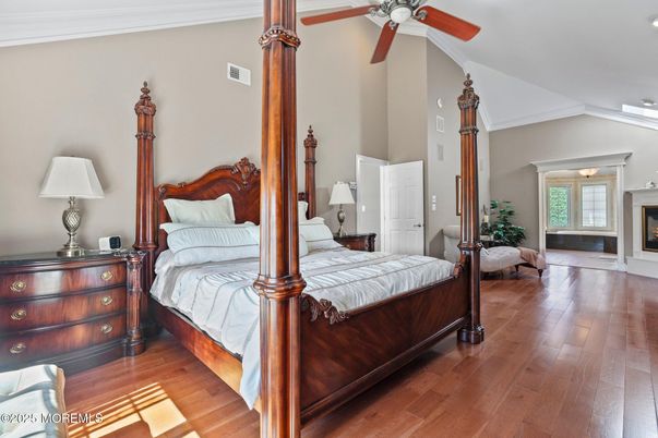 Bedroom, Fireplace, Interior, Wood Texture Flooring