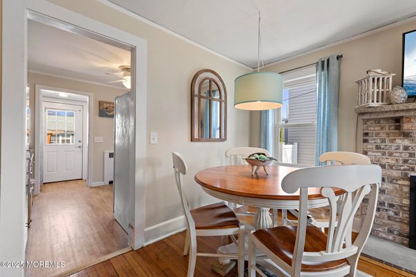 Dining room, Interior, Pendant Lights, Wood Texture Flooring