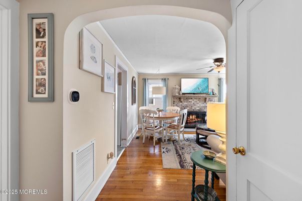 Dining room, Fireplace, Interior, Wood Texture Flooring