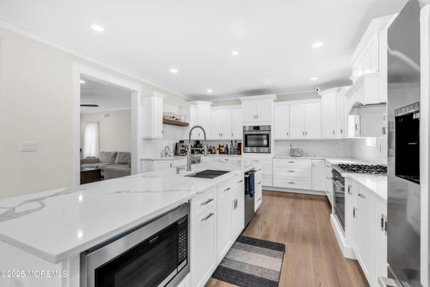 Interior, Kitchen, Recessed Lighting, Stainless Steel Appliances, Wood Texture Flooring
