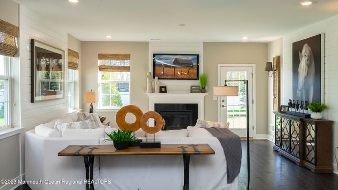 Fireplace, Interior, Living room, Recessed Lighting, Wood Texture Flooring