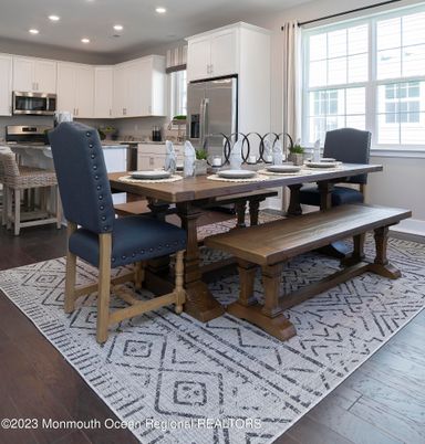 Dining room, Interior, Kitchen, Recessed Lighting, Stainless Steel Appliances, Wood Texture Flooring