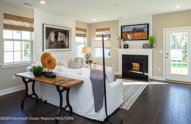 Fireplace, Interior, Living room, Recessed Lighting, Wood Texture Flooring