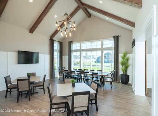 Chandelier, Dining room, Interior, Pendant Lights, Recessed Lighting, Wooden Beams, Wood Texture Flooring
