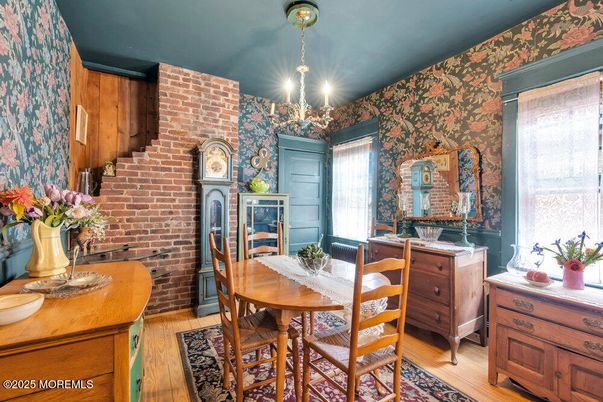 Chandelier, Dining room, Interior, Stone Walls, Wood Texture Flooring