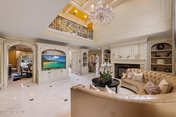 Chandelier, Fireplace, Interior, Living room, Recessed Lighting