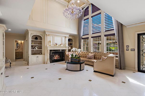 Chandelier, Fireplace, Interior, Living room, Recessed Lighting