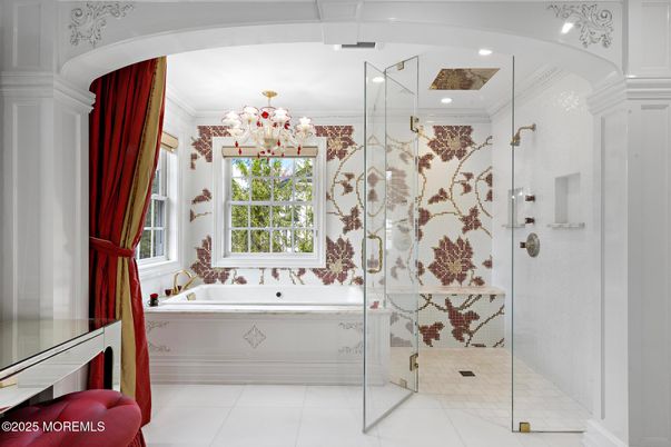 Bathroom, Chandelier, Glass Shower, Interior, Recessed Lighting
