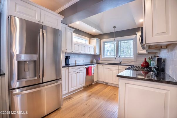 Interior, Kitchen, Pendant Lights, Recessed Lighting, Stainless Steel Appliances, Wood Texture Flooring